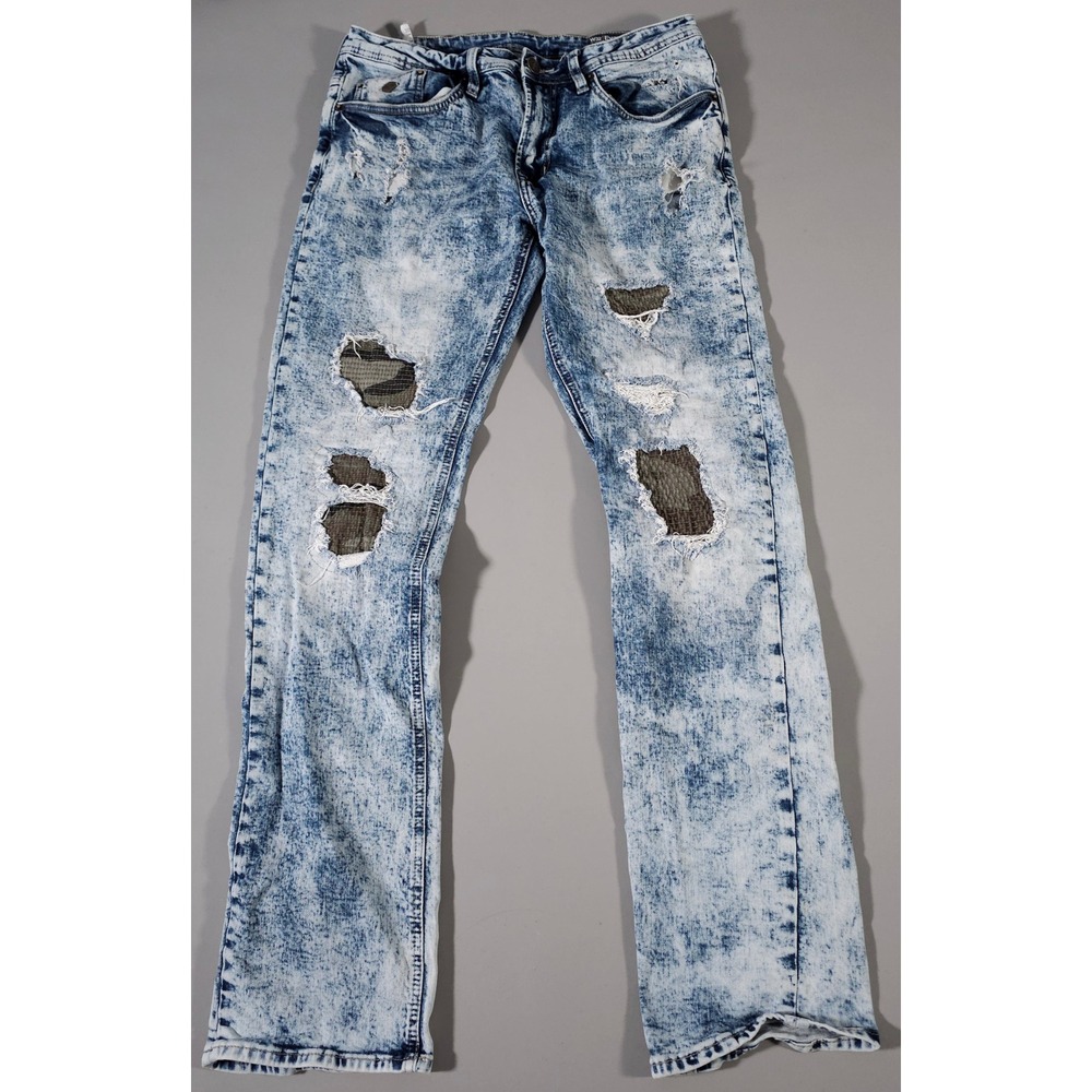 Buffalo‎ Evan-X Jeans Men 32x34 Blue Acid Wash Distressed Slim Straight Denim